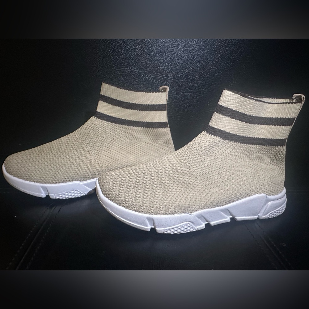 Tan and Black Striped Knit Sneakers